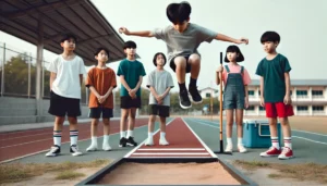 DALL·E 2024-07-17 10.51.58 – Seven children standing at the edge of a long jump pit, with one child in mid-air during a jump. The children are dressed in casual sports attire, and