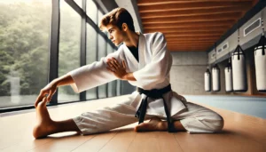 DALL·E 2024-07-17 10.56.32 – A karate practitioner performing stretching exercises. The person is wearing a traditional white karate gi with a black belt. They are in a spacious d