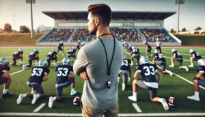 DALL·E 2024-07-17 11.01.00 – A football coach observing his team. The coach stands on the sidelines of a football field, arms crossed and focused, dressed in sports attire with a