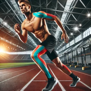 DALL·E 2024-07-22 13.37.40 – An elite athlete, such as a runner, with a visible Kinesio tape applied on their legs and shoulder. The background is a modern sports facility with ru